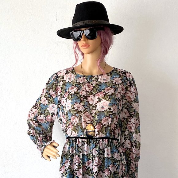 Floral Midi Dress w Long Sleeves Ruffled Dress Romantic Bohemian Flower Print XS - Picture 4 of 10